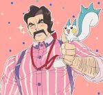  1boy arm_hair black_hair blush_stickers closed_eyes collared_shirt facial_hair male_focus manly mature_male muscular muscular_male mustache nagiko_(mangalove1111) open_mouth pachirisu pokemon pokemon_(creature) pokemon_(game) pokemon_sv saguaro_(pokemon) shirt smile striped striped_shirt suspenders thick_arms thick_eyebrows thumbs_up vertical-striped_shirt vertical_stripes 