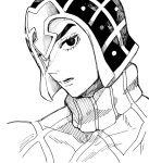  1boy argyle argyle_sweater eyelashes greyscale guido_mista hat jojo_no_kimyou_na_bouken male_focus monochrome portrait setsunano solo sweater turtleneck vento_aureo 