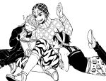  3boys argyle argyle_sweater book boots giorno_giovanna greyscale jojo_no_kimyou_na_bouken leaning_on_person monochrome multiple_boys narancia_ghirga pannacotta_fugo reading setsunano sitting sleepy sweater tiger_stripes vento_aureo 