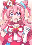  1girl :d blush choker commentary_request cure_precious delicious_party_precure earrings eyelashes hair_ornament hair_ribbon happy highres jewelry long_hair magical_girl mukuneko0710 nagomi_yui pink_choker pink_hair pink_theme precure purple_eyes ribbon simple_background sketch smile solo 