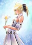  1girl artoria_pendragon_(all) black_bow blonde_hair bow breastplate caliburn dress eyebrows_visible_through_hair fate/grand_order fate/unlimited_codes fate_(series) faulds floating_hair gauntlets green_eyes hair_between_eyes hair_bow highres long_hair looking_at_viewer outdoors petals ponytail saber_lily signature sleeveless sleeveless_dress solo standing white_dress yui.4 
