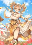  1girl bangs bare_shoulders blonde_hair blue_eyes breasts choker clouds cloudy_sky commission dancer_(three_houses) fire_emblem fire_emblem_awakening headdress highres lissa_(fire_emblem) looking_at_viewer medium_breasts medium_hair outdoors skeb_commission sky twintails upper_body wawatiku 