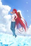  1girl absurdres aozaki_aoko blue_eyes breasts clouds cloudy_sky denim floating_hair flower full_body hair_intakes highres jeans large_breasts long_hair melty_blood melty_blood:_type_lumina outdoors pants quatthro redhead shirt short_hair sky suitcase t-shirt tsukihime tsukihime_(remake) very_long_hair white_shirt 