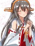  1girl black_hair closed_eyes commentary_request detached_sleeves doradorazz hairband haruna_(kancolle) headgear highres japanese_clothes kantai_collection long_hair own_hands_clasped own_hands_together ribbon-trimmed_sleeves ribbon_trim smile solo upper_body 