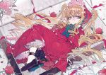  1girl absurdres bangs blonde_hair blue_bow blue_eyes bow bowtie commentary dress eyebrows_visible_through_hair flats flower full_body hair_between_eyes highres long_hair looking_at_viewer lying on_back parted_lips red_dress red_nails ringed_eyes ringlets rose rozen_maiden shinku sidelocks spark sparkle symbol-only_commentary taowu_(20809) twintails 
