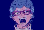  1boy angry blue_hair character_name curly_hair ghiaccio glasses high_collar jojo_no_kimyou_na_bouken male_focus open_mouth portrait red-framed_eyewear setsunano shouting solo vento_aureo 