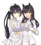  2girls animal_ears atago_(azur_lane) azur_lane bangs black_hair black_legwear blush breasts hair_flaps highres izmlio1213 large_breasts long_hair long_sleeves looking_at_viewer military military_uniform multiple_girls pantyhose ponytail skirt smile takao_(azur_lane) thigh-highs thighs uniform yellow_eyes 