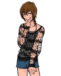  1boy asymmetrical_bangs bangs brown_eyes brown_hair camisole crossdressing ear_piercing fishnet_top fishnets grey_nails highres male_focus nail_polish original otoko_no_ko piercing see-through short_hair short_shorts shorts solo tomo_(yuki_touko) tongue upper_body v v_over_mouth yuki_touko 