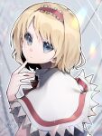  1girl alice_margatroid bangs blonde_hair blue_eyes closed_mouth colorized hairband hand_up looking_at_viewer short_hair solo touhou yun_(outsidey) 