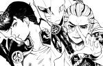  4boys anchor diamond_wa_kudakenai finger_frame gakuran greyscale hair_slicked_back hand_on_another&#039;s_shoulder higashikata_josuke highres jojo_no_kimyou_na_bouken kawajiri_kosaku killer_queen kira_yoshikage male_focus monochrome multiple_boys peace_symbol pompadour school_uniform setsunano stand_(jojo) 