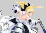  1girl artoria_pendragon_(all) black_bow blonde_hair bow breastplate caliburn dress eyebrows_visible_through_hair fate/grand_order fate/unlimited_codes fate_(series) faulds fei_shu_j&igrave;nhua_zhong floating_hair gauntlets green_eyes hair_between_eyes hair_bow highres long_hair looking_at_viewer outdoors petals ponytail saber_lily signature sleeveless sleeveless_dress solo standing sword weapon white_dress 