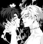  2boys black_nails dio_brando earrings fang greyscale jewelry jojo_no_kimyou_na_bouken jonathan_joestar male_focus monochrome multiple_boys phantom_blood setsunano severed_head stitches vampire 