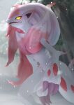  claws commentary_request day fang furry grey_fur haura_(sardyne_1) highres hisuian_zoroark outdoors pokemon pokemon_(creature) smile snowing solo standing yellow_eyes 