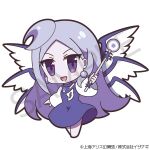  1girl 60mai ahoge angel angel_wings barefoot blue_dress chibi dress emblem full_body gradient_hair grey_hair holding holding_wand long_hair looking_at_viewer lowres multicolored_hair multiple_wings outline pale_skin purple_hair sample sariel_(touhou) simple_background smile solo touhou touhou_(pc-98) very_long_hair violet_eyes wand watermark white_background wings 