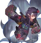  1girl artist_name black_scarf closed_eyes double_bun drowzzi english_commentary floating hair_behind_ear hand_on_own_chest highres hololive hololive_english japanese_clothes kimono long_hair ninomae_ina&#039;nis obi official_alternate_costume purple_hair purple_kimono sash scarf sleeves_past_fingers sleeves_past_wrists solo tentacles virtual_youtuber 