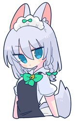  1girl animal_ears bell blue_eyes bow braid collared_shirt dog_ears dog_tail dress green_bow grey_dress hair_bow highres inu_sakuya_(nejikirio) izayoi_sakuya kemonomimi_mode maid maid_headdress neck_bell op_na_yarou puffy_short_sleeves puffy_sleeves shirt short_sleeves simple_background solo tail touhou twin_braids white_background white_shirt 