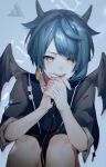  1boy absurdres androgynous blue_hair demon demon_boy demon_horns demon_wings earrings fangs genshin_impact highres horns jewelry pale_skin smirk tsurumiya_kenga_tsurumasa wings xingqiu_(genshin_impact) yellow_eyes 