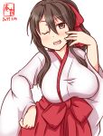  1girl alternate_costume artist_logo ashigara_(kancolle) blush breasts brown_eyes brown_hair cowboy_shot dated fang hakama hakama_skirt japanese_clothes kanon_(kurogane_knights) kantai_collection kimono large_breasts long_hair looking_at_viewer miko one-hour_drawing_challenge one_eye_closed red_hakama red_ribbon ribbon simple_background skirt solo wavy_hair white_background white_kimono wide_sleeves 