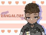  1girl apex_legends armor bangalore_(apex_legends) black_gloves brown_eyes brown_hair character_name curly_hair dark-skinned_female dark_skin explosive gloves grenade heart heart_hands highres looking_at_viewer nepitasu short_hair smile solo undercut 