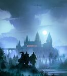  1girl 2boys absurdres bridge castle commentary forest from_behind harry_potter_(series) highres holding holding_wand kalmahul light long_hair moon moonlight multiple_boys nature night outdoors short_hair steam tree wand water 