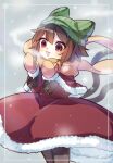  1girl :3 alternate_costume animal_ears arms_up bangs black_legwear blush brown_eyes brown_hair buttons capelet cat_ears cat_tail chen cold commentary_request fang feet_out_of_frame fur-trimmed_capelet fur-trimmed_gloves fur-trimmed_skirt fur_trim gloves green_headwear grey_background highres ibaraki_natou looking_to_the_side multiple_tails nekomata one-hour_drawing_challenge open_mouth red_capelet red_skirt scarf sidelocks skirt smoke snowing solo standing tail touhou two_tails winter_clothes yellow_gloves yellow_scarf 