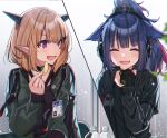  2girls :d animal_ears arknights bangs black_gloves black_jacket black_shirt blonde_hair blunt_bangs blush bottle cat_ears chips closed_eyes dragon_horns eyebrows_visible_through_hair food gloves green_jacket hanagata headphones headset holding holding_food horns id_card implied_extra_ears jacket jessica_(arknights) long_hair looking_to_the_side multicolored_hair multiple_girls open_clothes open_jacket open_mouth pink_eyes ponytail purple_hair redhead shirt short_hair smile two-tone_hair upper_body v-shaped_eyebrows vanilla_(arknights) 