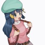  1girl :d bangs belt blush brown_belt collared_shirt commentary_request eyebrows_visible_through_hair green_headwear grey_eyes hair_ornament hairclip happy hat highres hikari_(pokemon) holding_strap koniko_(525lj) long_hair open_mouth pink_sweater pokemon pokemon_(game) pokemon_bdsp shirt sidelocks simple_background smile solo sweater tongue white_background white_shirt 