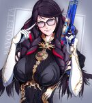  1girl bangs bayonetta bayonetta_(series) bayonetta_3 between_breasts black_bodysuit blush bodysuit braid breasts brown_hair character_name closed_mouth earrings english_commentary glasses gloves gold_trim green_eyes gun handgun highres holding holding_gun holding_weapon index_finger_raised jewelry large_breasts lips long_hair looking_at_viewer mole mole_under_mouth multicolored_hair necklace parted_bangs pistol redhead solo spiritdraws_x streaked_hair twin_braids two-tone_hair upper_body weapon white_gloves 