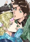  2boys absurdres battle_tendency blonde_hair blue_jacket brown_hair caesar_anthonio_zeppeli facial_mark feather_hair_ornament feathers fingerless_gloves gloves green_eyes green_scarf hair_ornament headband highres jacket jojo_no_kimyou_na_bouken joseph_joestar joseph_joestar_(young) male_focus multiple_boys nitako scarf striped striped_scarf 