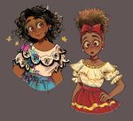 2girls bug butterfly cousins curly_hair dark-skinned_female dark_skin disney dolores_madrigal earrings embroidery encanto frilled_sleeves frills glasses grey_background highres jewelry kuropin mirabel_madrigal multiple_girls round_eyewear simple_background thick_eyebrows yellow_butterfly