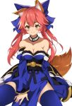  1girl animal_ear_fluff animal_ears blue_bow blue_kimono blue_legwear bow breasts detached_collar detached_sleeves fate/extra fate/grand_order fate_(series) fox_ears fox_girl fox_tail hair_bow japanese_clothes kimono large_breasts long_hair obi pelvic_curtain pink_hair sash short_kimono solo split_ponytail tail tamamo_(fate) tamamo_no_mae_(fate/extra) thigh-highs xianyu_(pixiv9677779) yellow_eyes 