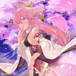 1girl breasts cherry_blossoms commentary cwilocky detached_sleeves genshin_impact hair_ornament japanese_clothes light_smile lips looking_at_viewer medium_breasts miko petals pink_eyes pink_hair priestess solo twitter_username wide_sleeves yae_(genshin_impact) 