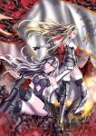  1219_yusuke 2girls armor armored_boots armored_dress banner black_legwear blonde_hair blue_eyes boots breasts cleavage dress dutch_angle eyebrows_visible_through_hair fate/apocrypha fate/grand_order fate_(series) floating_hair flower fur_trim gauntlets highres jeanne_d&#039;arc_(alter)_(fate) jeanne_d&#039;arc_(fate) jeanne_d&#039;arc_(fate)_(all) lens_flare long_hair looking_back medium_breasts multiple_girls ruler_(fate/apocrypha) sheath silver_hair sleeveless sleeveless_dress smile standing thigh-highs very_long_hair white_dress white_flower yellow_eyes 