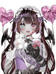  1girl absurdres apron balloon bandaid blood blood_on_face blue_eyes brown_hair crazy demon_girl demon_wings gloves hanataro_(sruvhqkehy1zied) heart heterochromia highres looking_at_viewer maid maid_apron maid_headdress original pale_skin pink_eyes rabbit twintails wings 