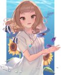  1girl :d arl bangs brown_eyes brown_hair bubble curly_hair dress fish floating_hair flower jewelry josee_(joseetora) josee_to_tora_to_sakana-tachi long_eyelashes looking_at_viewer medium_hair ocean open_mouth pendant portrait smile solo sunflower tall_image underwater white_dress 