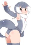  1girl :3 animal_ears ass black_eyes breasts elbow_gloves extra_ears eyebrows_visible_through_hair fingerless_gloves gloves gradient_hair grey_gloves grey_hair grey_legwear highres kemono_friends looking_at_viewer masuyama_ryou multicolored_hair one-piece_swimsuit otter_ears otter_tail short_hair simple_background small-clawed_otter_(kemono_friends) small_breasts smile solo swimsuit tail thigh-highs white_background white_hair 