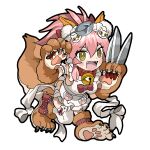  1girl animal_ear_fluff animal_ears animal_hands apron asymmetrical_legwear bangs bell blush bow breasts cat_hair_ornament cat_paws collar commentary eyebrows_visible_through_hair fangs fate/grand_order fate_(series) fox_ears fox_girl fox_tail full_body hair_between_eyes hair_bow hair_ornament highres holding holding_knife jingle_bell knife kusama_takato ladle large_breasts looking_at_viewer maid_headdress mismatched_legwear naked_apron neck_bell open_mouth outline paw_print pink_hair ponytail red_bow sidelocks simple_background sleeveless smile solo tail tamamo_(fate) tamamo_cat_(fate) thigh-highs thighs tongue white_background yellow_eyes 