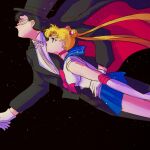  1boy 1girl bishoujo_senshi_sailor_moon black_headwear blonde_hair blue_skirt bow breasts cape choker flying gloves hat hoshiai_tora magical_girl red_bow red_choker sailor_moon sailor_senshi_uniform skirt tuxedo_kamen white_gloves 