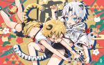  00tuma00 2022 2boys animal_ears blue_eyes cat_ears cat_tail child chinese_zodiac commentary holding male_focus midriff_peek multiple_boys new_year original playing short_sleeves shorts tail tiger white_tiger year_of_the_tiger 