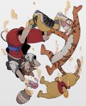  1boy arms_behind_head arms_up belt blue_belt blue_eyes brown_hair falling highres honey honeypot hood hooded_jacket jacket jewelry kingdom_hearts light_smile male_focus necklace oimo_(oimkimn) outstretched_arms piglet_(winnie_the_pooh) pooh short_hair short_sleeves simple_background sora_(kingdom_hearts) spiky_hair tigger upside-down winnie_the_pooh yellow_footwear 