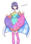  1girl bangs blue_eyes blue_hair boots breasts cape character_name cloak closed_mouth detached_sleeves dress eyebrows_visible_through_hair eyelashes fingernails highres holding holding_clothes holding_dress long_sleeves medium_breasts miton_iguana multicolored_clothes multicolored_dress multicolored_hairband purple_footwear rainbow_gradient short_hair simple_background sky_print smile tenkyuu_chimata touhou two-sided_cape two-sided_fabric white_background white_cape white_cloak zipper 
