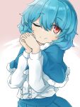 1girl ;) bangs blue_capelet blue_hair blue_skirt capelet center_frills closed_mouth eyebrows_visible_through_hair frills highres long_sleeves looking_at_viewer one_eye_closed own_hands_together red_eyes shirt short_hair skirt smile solo tatara_kogasa touhou tyouseki upper_body white_shirt 