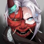  1girl apex_legends bangs black_scarf broken_mask demon&#039;s_whisper_wraith glowing glowing_eye grey_eyes grey_hair highres horns looking_at_viewer mask official_alternate_costume one_eye_covered oni_mask parted_bangs portrait scarf solo sygnuss.exe v-shaped_eyebrows wraith_(apex_legends) 