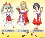  3girls anchovy_(girls_und_panzer) anzio_(emblem) bangs bell black_footwear black_hair blonde_hair blush bow brown_eyes carpaccio_(girls_und_panzer) character_name dress drill_hair emblem eyebrows_visible_through_hair floral_print flower frilled_dress frilled_skirt frills full_body geta girls_und_panzer girls_und_panzer_senshadou_daisakusen! gohei gradient gradient_background green_eyes green_hair hair_between_eyes hair_bow hair_ornament holding japanese_clothes jingle_bell kumade lace-trimmed_legwear lace_trim leg_strap legs long_hair long_sleeves looking_at_viewer messy_hair miko multicolored_clothes multiple_girls neck_bell new_year nontraditional_miko official_art okobo omikuji open_mouth pantyhose pepperoni_(girls_und_panzer) pink_bow pleated_dress purple_bow rake red_bow red_dress red_eyes red_skirt ribbon_trim shirt short_hair skirt smile standing tassel tassel_hair_ornament thigh-highs thighs twin_drills white_dress white_legwear white_shirt yellow_background zettai_ryouiki 