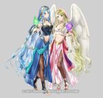  2girls azura_(fire_emblem) blonde_hair blue_hair breasts choker fire_emblem fire_emblem:_radiant_dawn fire_emblem_fates fire_emblem_heroes full_body green_eyes holding holding_torch kaya8 leanne_(fire_emblem) long_hair looking_at_viewer medium_breasts multiple_girls navel official_alternate_costume official_art pantyhose toeless_legwear torch veil very_long_hair wings yellow_eyes 