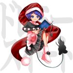  1girl bangs black_capelet blue_eyes blue_hair book capelet doremy_sweet dream_soul full_body harukawa_moe_(style) hat highres holding holding_book keiki8296 looking_at_viewer nightcap open_book open_mouth pink_footwear pom_pom_(clothes) red_headwear short_hair smile solo tail tapir_tail touhou white_background 