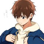  1boy adjusting_clothes blue_eyes blue_jacket brown_hair commentary delicious_party_precure face hair_between_eyes highres hood hoodie jacket looking_down male_focus portrait precure shinada_takumi simple_background solo translation_request white_background white_hoodie yufu_kyouko 