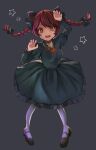  1girl 6980_(aaaaaadka) :d animal_ears braid bright_pupils cat_ears claw_pose dress floating_hair full_body green_dress grey_background highres kaenbyou_rin looking_at_viewer pantyhose red_eyes simple_background smile solo standing star_(symbol) touhou twin_braids twintails white_legwear 