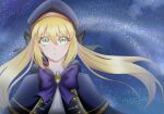  1girl artoria_pendragon_(caster)_(fate) artoria_pendragon_(fate) bangs black_gloves black_legwear blonde_hair bow bowtie breasts cloak clouds dusk eyebrows_behind_hair eyebrows_visible_through_hair fate/grand_order fate_(series) from_below gloves green_eyes hair_between_eyes hat highres long_hair ponytail reina95379337 ribbon solo thigh-highs 