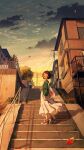  1girl :d bag bangs blush brown_hair building closed_eyes clouds dress green_shirt highres leaf long_sleeves looking_back open_mouth original outdoors red_footwear shirt shoes shopping_bag short_hair sky smile solo stairs standing tsujin_bohboh white_dress 